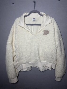 PINK by Victoria's Secret Cream Sherpa Pullover with Gray Trim